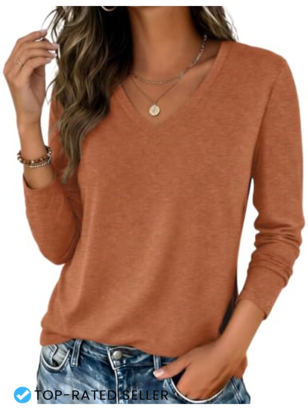 Womens Long Sleeve V Neck T-Shirt Lightweight Casual Basic Tee Loose Fit
